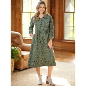 Vermont Country Store Women Dress 3X Plus Floral Corduroy Button Pintuck Cottage